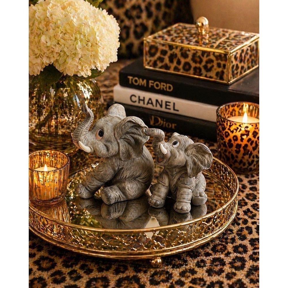 Andrea by Sadek Elephants, Pair of 2, Trunks Up, Big Eye Mama & Baby, Figurines